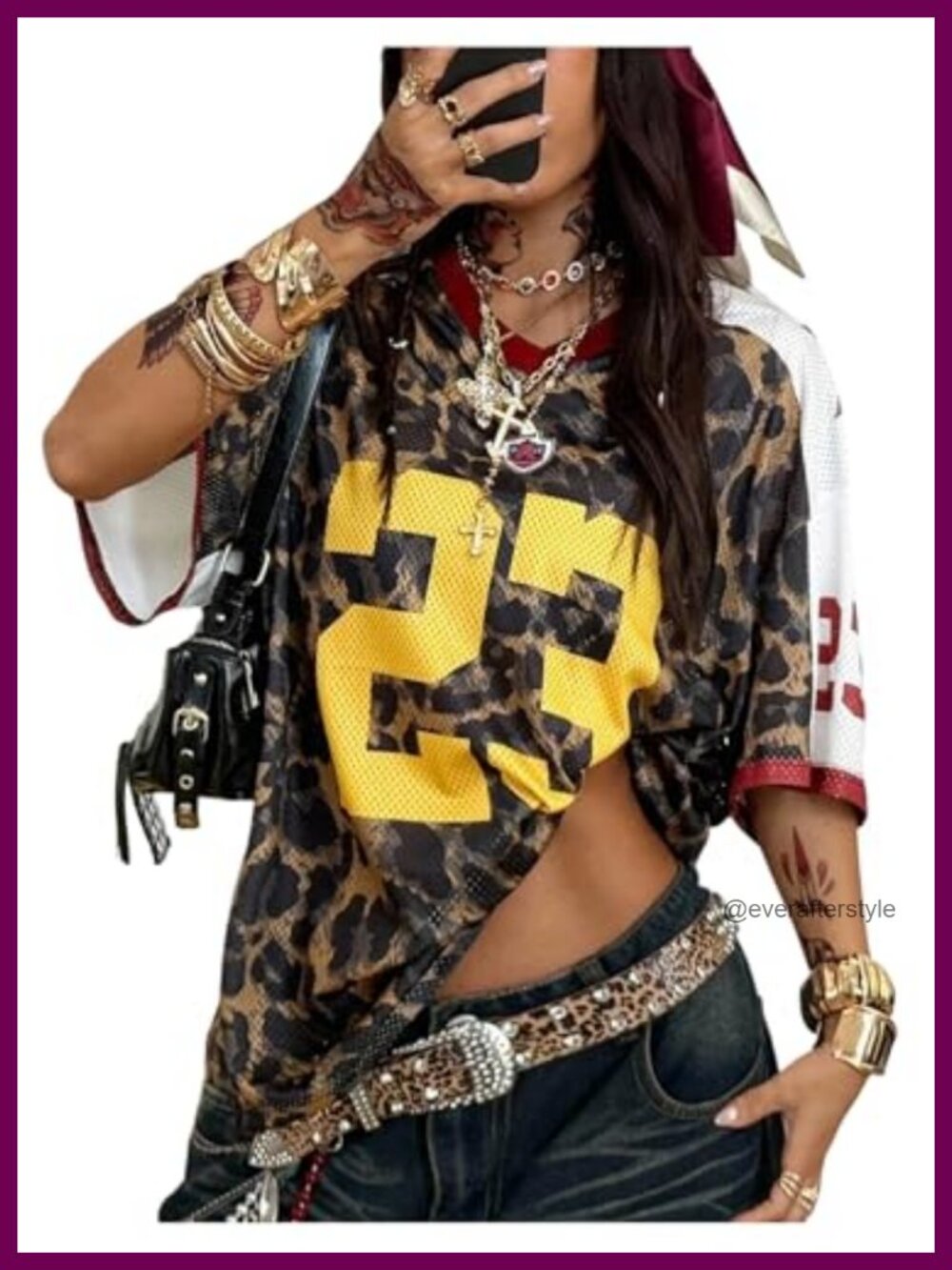 Plus Size Leopard Graphic Jersey Tee Y2K Oversized Vintage V-Neck Short Sleeve